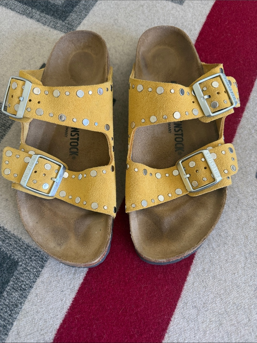 Women’s Arizona Birkensto Mustard Yellow Suede Double-Buckle Sandals with Studs